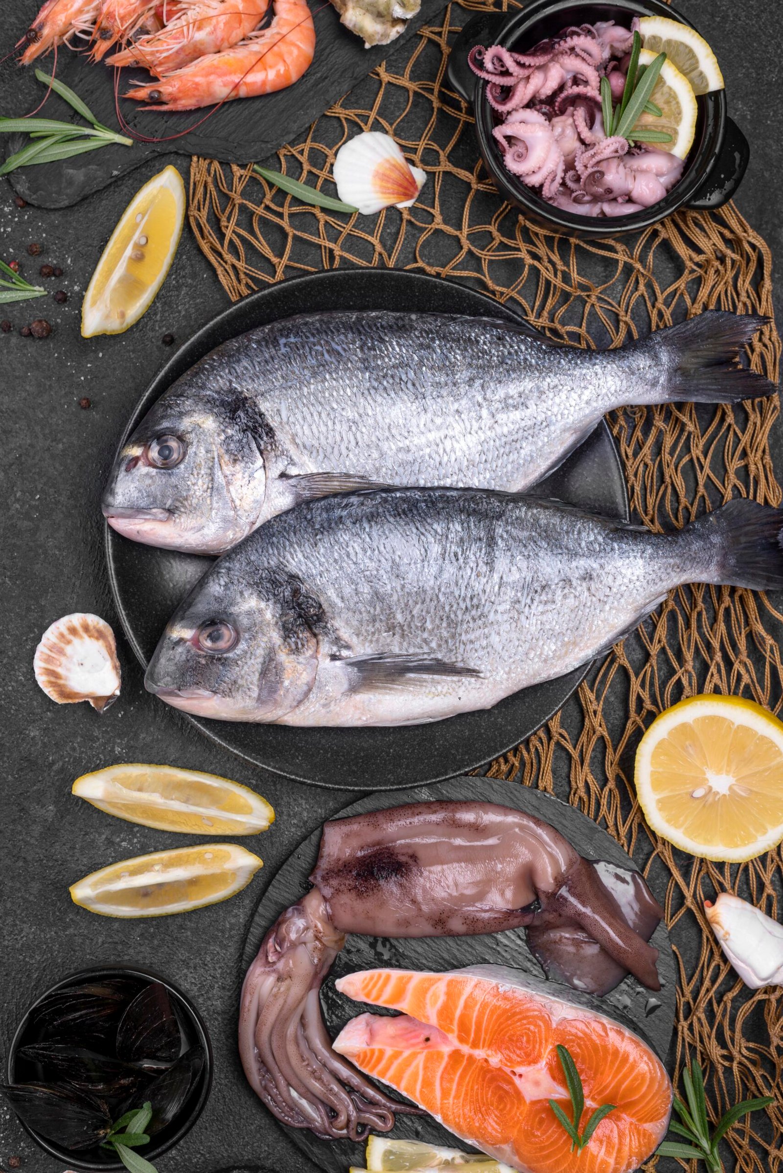 assortment fresh uncooked seafood fish scaled